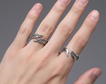 Anillo ajustable con alas de ángel y demonio / Joyería gótica con estilo / Anillo de fantasía unisex / Anillo para él / Anillo para ella