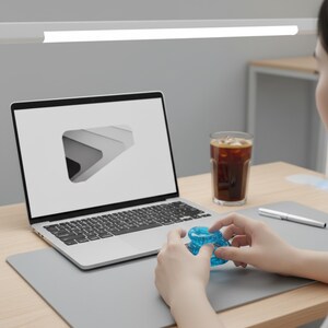 Pode incluir: Um laptop exibindo um gr&aacute;fico branco e cinza est&aacute; em um tapete de mesa cinza. Um copo de caf&eacute; gelado e uma caneta tamb&eacute;m est&atilde;o na mesa. Um pequeno objeto geom&eacute;trico azul &eacute; segurado nas m&atilde;os.