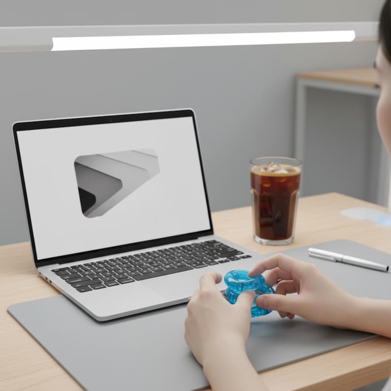 Pode incluir: Um laptop exibindo um gr&aacute;fico branco e cinza est&aacute; em um tapete de mesa cinza. Um copo de caf&eacute; gelado e uma caneta tamb&eacute;m est&atilde;o na mesa. Um pequeno objeto geom&eacute;trico azul &eacute; segurado nas m&atilde;os.