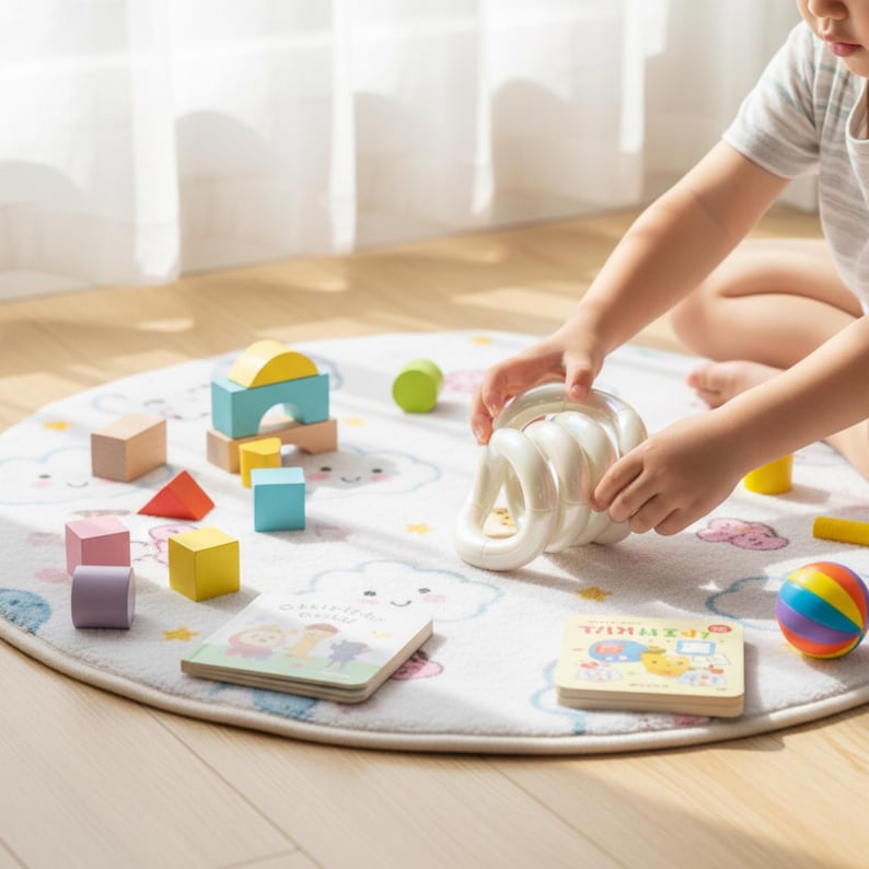 May include: A child's play area with a white mat decorated with clouds, wooden blocks, a rainbow ball, and two books. A white, spiral toy is held by a child. The scene is set on a light wood floor, with the blocks measured in centimetres.