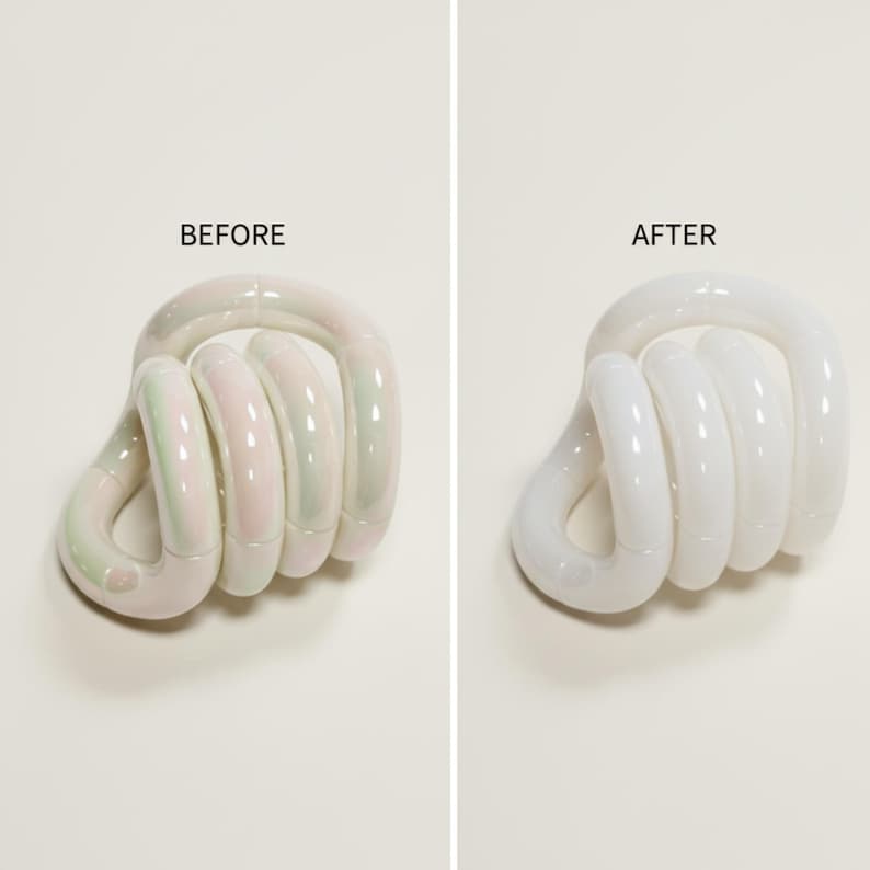 May include: Two images side-by-side show a white, coiled object. The left image, labelled "BEFORE," displays the object with a pearlescent finish and hints of pink and green. The right image, labelled "AFTER," shows the same object in solid white.