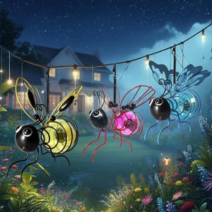 May include: Three decorative solar-powered insect lights hanging from a string. The lights feature black bodies, whimsical antennae, and colorful glowing centers. The background includes a house, flowers, and a starry night sky.