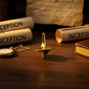 May include: A gold-colored spinning top is the focal point of this image, set against a backdrop of rolled-up scrolls with the word "INCEPTION" printed on them. A pocket watch and a small book are also visible.