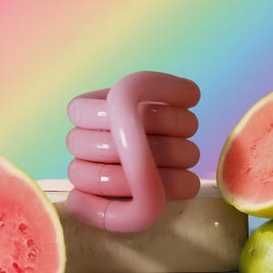 May include: A pink, coiled, plastic sculpture with a curved top, resting on a light-coloured wooden block. The background is a gradient of rainbow colours. Slices of watermelon and a lime are in the foreground.