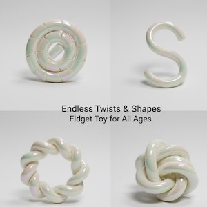 May include: Four white fidget toys in various shapes: a spiral, an "S" shape, a twisted ring, and a knotted design. The toys have a pearlescent finish and are set against a white backdrop. The image includes the text "Endless Twists & Shapes Fidget Toy for All Ages."