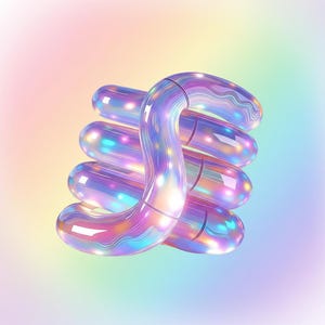 May include: An iridescent sculpture with a looping design. The sculpture is made of connected, rounded tubes that reflect a spectrum of colours, including pink, blue, and yellow. The background is a soft gradient of pastel hues, creating a dreamy effect.