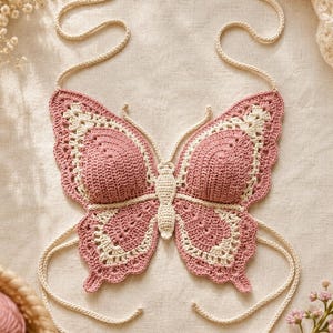 May include: A butterfly-shaped crochet top featuring a dusty rose and cream color palette. The garment is constructed with intricate yarn stitching, forming two rounded cups for the wings, a central body section, and long cream-colored ties.