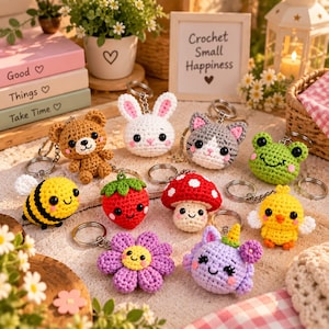 May include: A collection of ten crocheted keychains featuring various characters including a brown bear, white rabbit, gray cat, green frog, yellow bee, red strawberry, red mushroom, yellow chick, purple flower, and a purple unicorn creature.