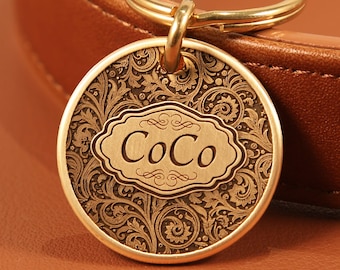 Engraved Brass Dog Name Tag, Baroque Vintage Pet ID Tag Personalized Round Deep Engraved Pet Tag