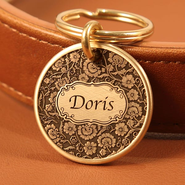 Personalized Floral Brass Pet Name Tag Custom Botanical Luxury Cat ID Tag for Collar Deep Engraved Flower Pet Charm Gift for New Puppy