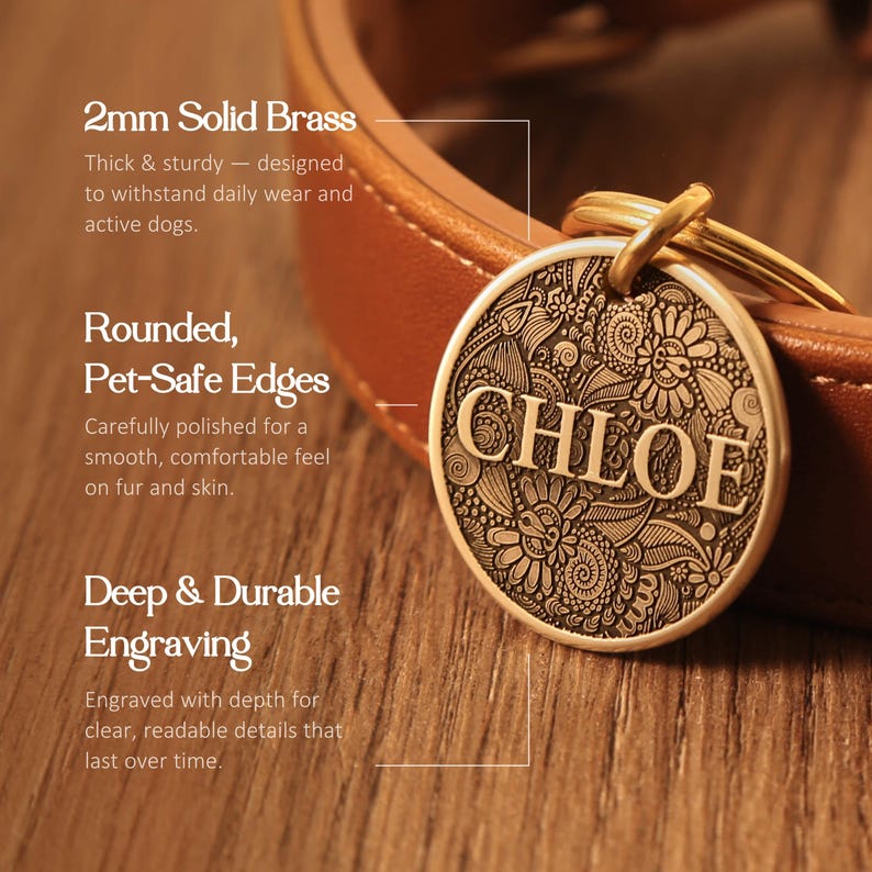 May include: A round solid brass pet tag featuring the name CHLOE engraved in the center against a detailed floral pattern. The tag is attached to a brown leather collar with a gold-toned metal ring and has smooth, rounded edges.