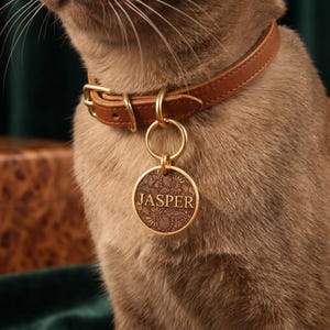 May include: A tan leather pet collar featuring a gold-toned metal buckle and a circular gold-toned pendant. The pendant displays an intricate floral pattern with the name JASPER engraved in the center, attached by a gold-toned metal ring.