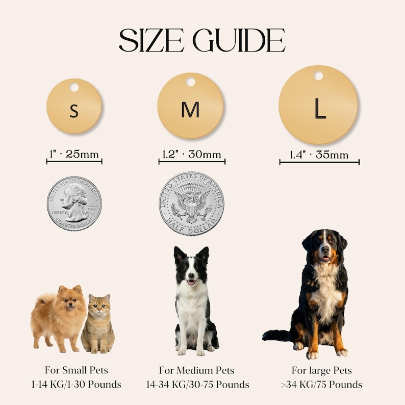 May include: A size guide for pet tags featuring three gold circular discs labeled S, M, and L. Sizes are 1 inch (25mm), 1.2 inches (30mm), and 1.4 inches (35mm). Includes a quarter and half dollar for scale, plus small, medium, and large pets.