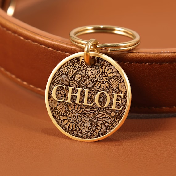 Custom Deep Engraved Pet Name Tag Boho Brass Pet Collar Tag Personalized Pet ID Tag Unique New Puppy Gift for Active Dog Owners