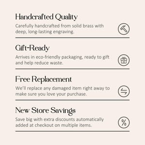 May include: An informational graphic with a light background featuring four sections: Handcrafted Quality with a hammer icon, Gift-Ready with a gift icon, Free Replacement with a swap icon, and New Store Savings with a percentage icon.