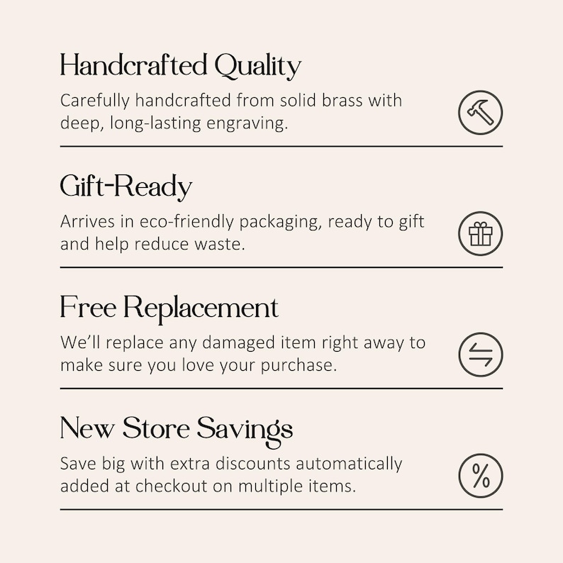 May include: An informational graphic with a light background featuring four sections: Handcrafted Quality with a hammer icon, Gift-Ready with a gift icon, Free Replacement with a swap icon, and New Store Savings with a percentage icon.