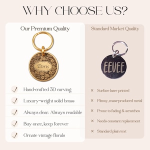 May include: A comparison chart titled WHY CHOOSE US? featuring a gold-toned circular brass pet tag with an ornate floral pattern and the name Doris engraved in the center, contrasted with a plain silver-toned circular tag labeled EEVEE.