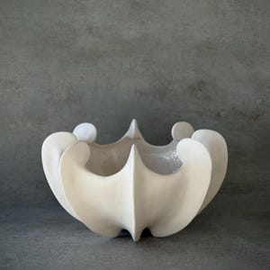 Könnte beinhalten: Eine cremefarbene, skulpturale Keramikschale mit einem einzigartigen, organischen Design. Die Schale weist eine Reihe von gebogenen, blütenblattartigen Formen auf, die eine visuell interessante Form erzeugen. Das Innere der Schale ist glatt und hell, im Gegensatz zur strukturierten Außenseite.