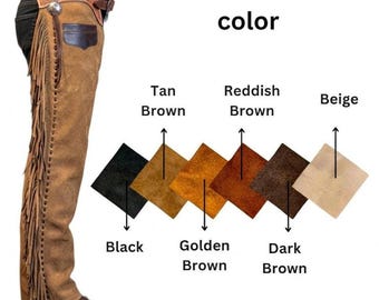 Heren western leren chaps, suède cowboy chaps met franjes en zakken, handgemaakte rodeo- en motorchaps.