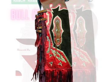 Stierenrijchaps western Brownsh Red Leather Show volwassen chap-franjes op bestelling gemaakt