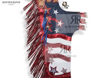 Op maat gemaakte chaps voor stierenrijden, patriottische leren rodeo-chaps met franje, handgereedschap westernrijkleding, professionele cowboycompetitiechaps