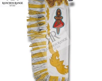 Rodeo chaps met franjes, handgemaakt en een patch met een dolk van het Heilig Hart. Western paardrijchaps, rodeo-uitrusting, cowboycadeau.