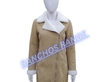 Dames lange shearlingjas, beige suède winterjas, biker trenchcoat met revers van imitatiebont, lange jas met asymmetrische ritssluiting, warm cadeau voor de feestdagen