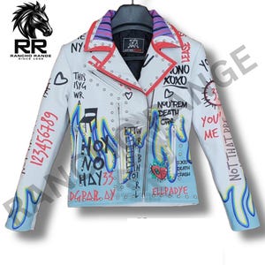 Women&#39;s Stylish Graffiti Leather Jacket - Hand-Painted Streetwear Design, Unique