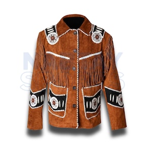 May include: Brown suede jacket with fringe and decorative beading. The jacket features white and black accents, with a button-up front and pockets. The collar and shoulders are embellished with detailed beadwork.