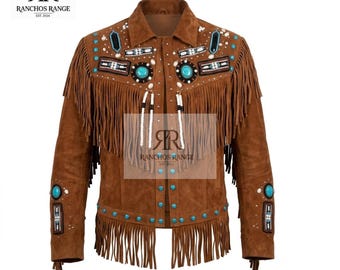 Damesjas van suède met franjes en leer, in Native American-stijl, met kralen versierde westernjas, zuidwestelijke boho-cowgirl leren jas