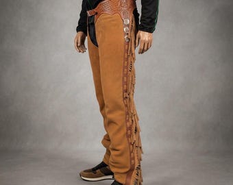 Leren chaps voor heren en dames | Handgemaakte western rodeo chaps met franjes | Rijdend