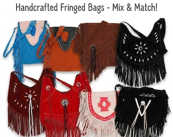 Handgemaakte suède leren tas met franje en kralen, western boho-portemonnee, festivalfringe handtas, crossbody in zuidwestelijke stijl