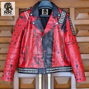 Redish Leather Biker Jacket with Studs & Blood Splatter – Punk Rock Motorcycle Jacket