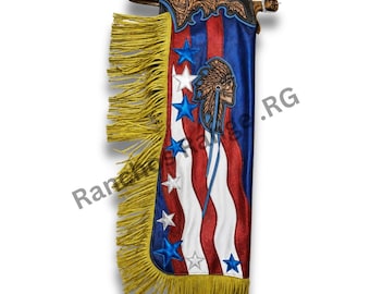 Op maat gemaakte chaps voor stierenrijden, patriottische leren rodeo-chaps met franje, handgereedschap westernrijkleding, professionele cowboycompetitiechaps