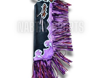 Op maat gemaakte leren rodeochaps - metallic paarse franje, westernkleding voor volwassenen