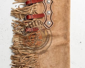 Custom Floral Tooled Leather Chinks – Handmade Western Riding Chaps Fringe
