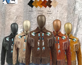 Womens Suede Leather Fringe Jacket, Native American Style Beaded Coat Western Rodeo Outfit Vintage Boho Fringe Boho Clothing Gift for Her