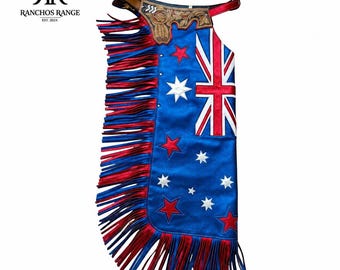 Op maat gemaakte leren rodeo-chaps voor stierenrijden, patriottische leren chaps met franjes en de Australische vlag, rijkleding, professionele cowboy wedstrijdchaps.