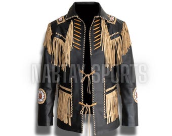 Handgemaakt zwart leren jack met franje, jas van westernbuckskin met kralen