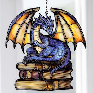 Book Dragon Suncatcher Ornament, Fantasy Dragon Acrylic Window Hanging, Dragon Wall Window Hanging Art Decoration, Bookish Home Decor