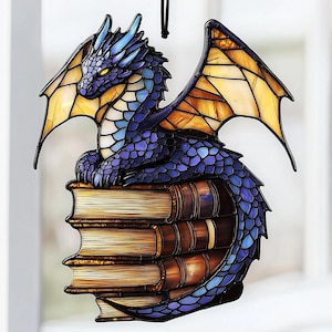 Book Dragon Suncatcher Ornament, Fantasy Dragon Acrylic Window Hanging, Dragon Wall Window Hanging Art Decoration, Bookish Home Decor