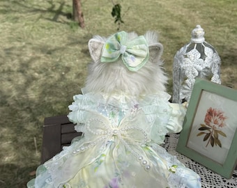 Anpassningsbar bröllopsklänning för hund och katt｜Mintgrön pärl- och blommig spetsklänning med volanger｜Vårklänning för bröllop och husdjur till Thanksgiving｜Födelsedagsklänning för hund