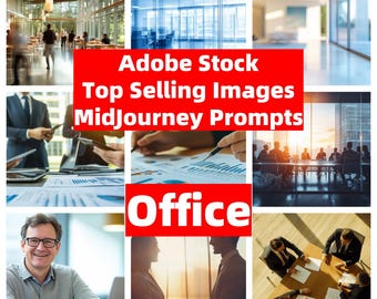 May include: A collage of images depicting various office settings, including a modern office building with large windows, a conference room with people in silhouette, and a group of people working at desks. The text "Adobe Stock Top Selling Images Midjourney Prompts Office" is superimposed on the images.