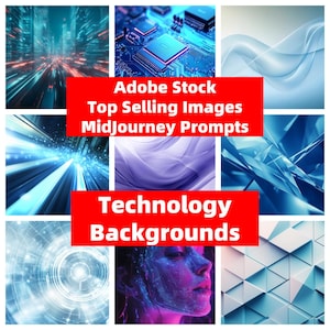 Puede incluir: Un collage de nueve imágenes que muestran varios fondos tecnológicos. Las imágenes presentan diseños abstractos, placas de circuito y paisajes futuristas. El texto "Adobe Stock Top Selling Images Midjourney Prompts Technology Backgrounds" se muestra en rojo.