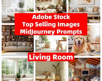 May include: A collage of images showcasing different living room designs. The images feature various furniture styles, including sofas, coffee tables, and bookshelves. Some images also include plants and decorative accents. The text "Adobe Stock Top Selling Images Midjourney Prompts Living Room" is displayed in red.
