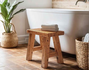 Handcrafted Bathroom Stool, Chestnut Wood Step Stool, Rustic Farmhouse Decor, Reclaimed Wood Farmhouse Primitive/Vintage Small Step Stool