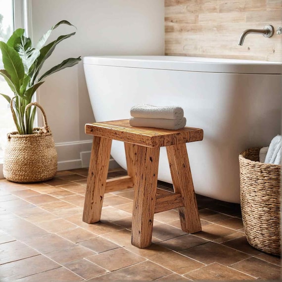 Rustic Wood Small Wood Stool For Bathroom Handcrafted Bathroom