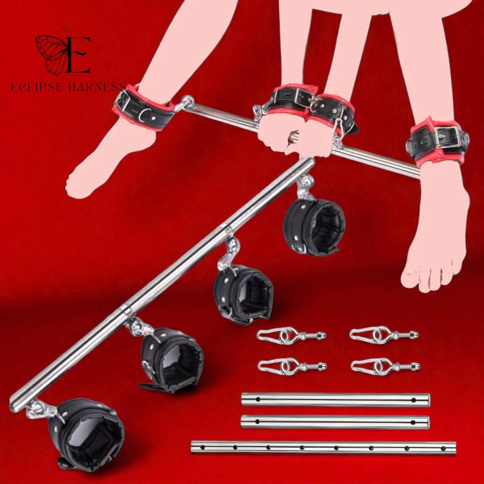 Bondage Restrain / Spreader Bar with cuff hooks / 4 point Spreader Bar / Adjustable Spreader Bar Restraint Set | BDSM Bondage Kit with Cuffs