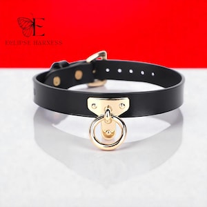 Black and Brown Genuine Leather Choker / Black hardware O-ring Choker / Collar and Leather Handle Gold Chain Leash Set, Neck Collar Restrain