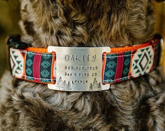 Custom Dog ID Slide Collar Name Tag - Noiseless Dog Collar Nameplate - Silent Dog ID Tag for Dogs - Hand Stamped Forest Design Metal Pet ID